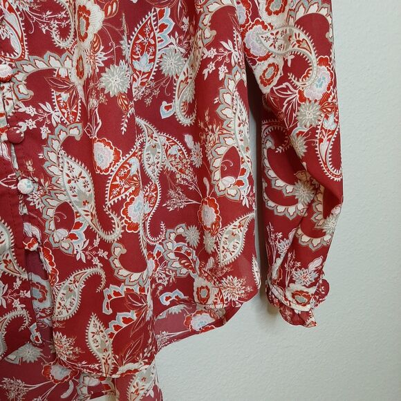 Rose + Olive Blouse Red Women Size M Boho Tassels Paisley Long Sleeve Button Up - Picture 7 of 11